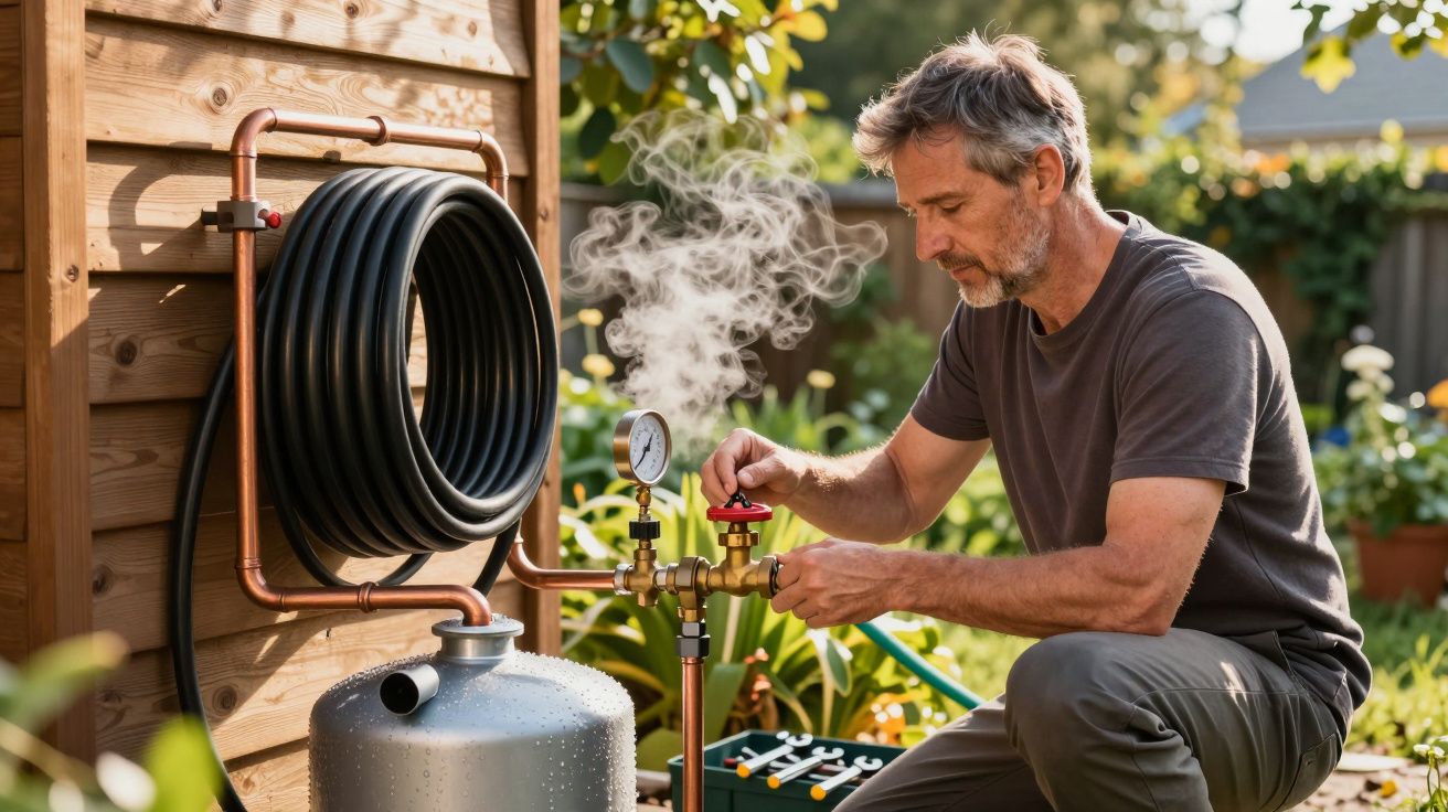Mann prüft Dampfanlage im Garten neben Holzhütte, umgeben von Pflanzen und Werkzeugen.