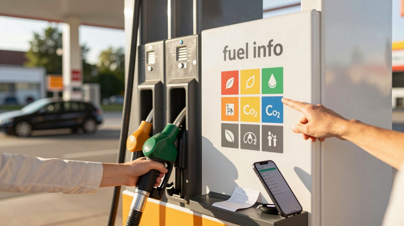 Person hält Zapfpistole an Tankstelle. Infotafel zeigt Kraftstoffarten und CO2-Emissionen. Finger zeigt auf Symbol.