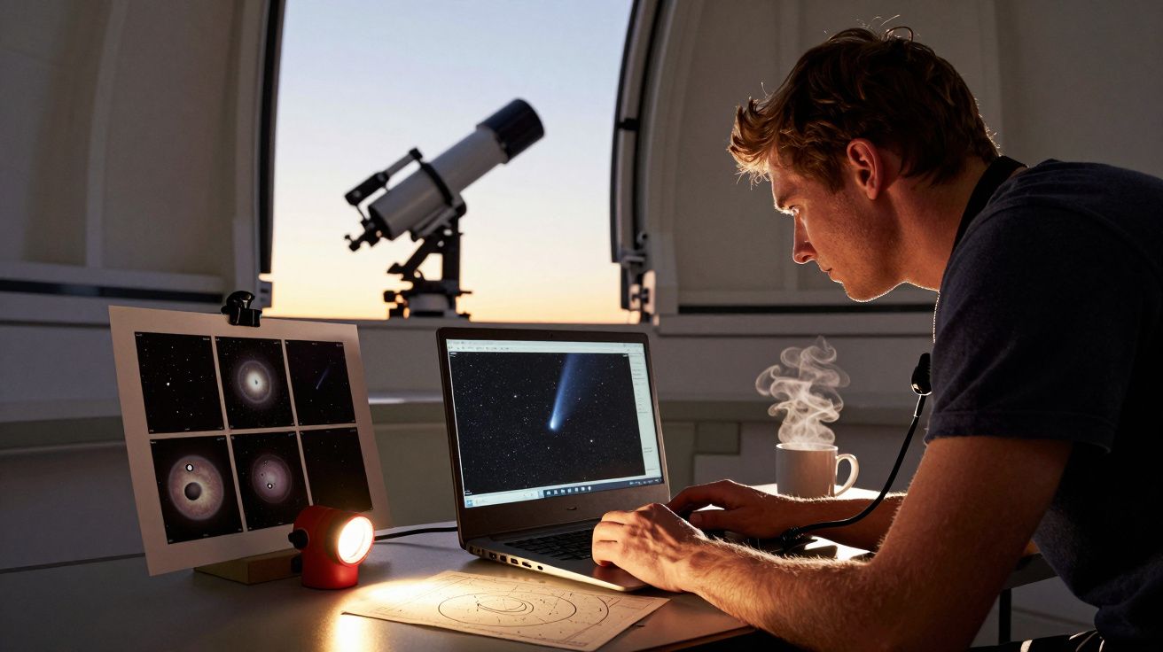 Ein Mann arbeitet am Laptop in einem Observatorium, daneben ein Teleskop und Sternenbilder. Eine dampfende Tasse ist zu sehen