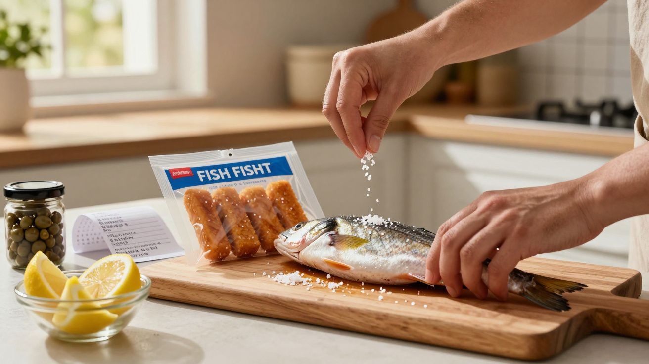 Person salzt frischen Fisch auf Holzbrett, daneben Fischstäbchen in Verpackung und Schale mit Zitronen und Oliven.