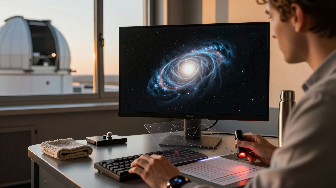 Person am Schreibtisch betrachtet Galaxie auf Monitor, im Hintergrund ein Observatorium bei Sonnenuntergang.