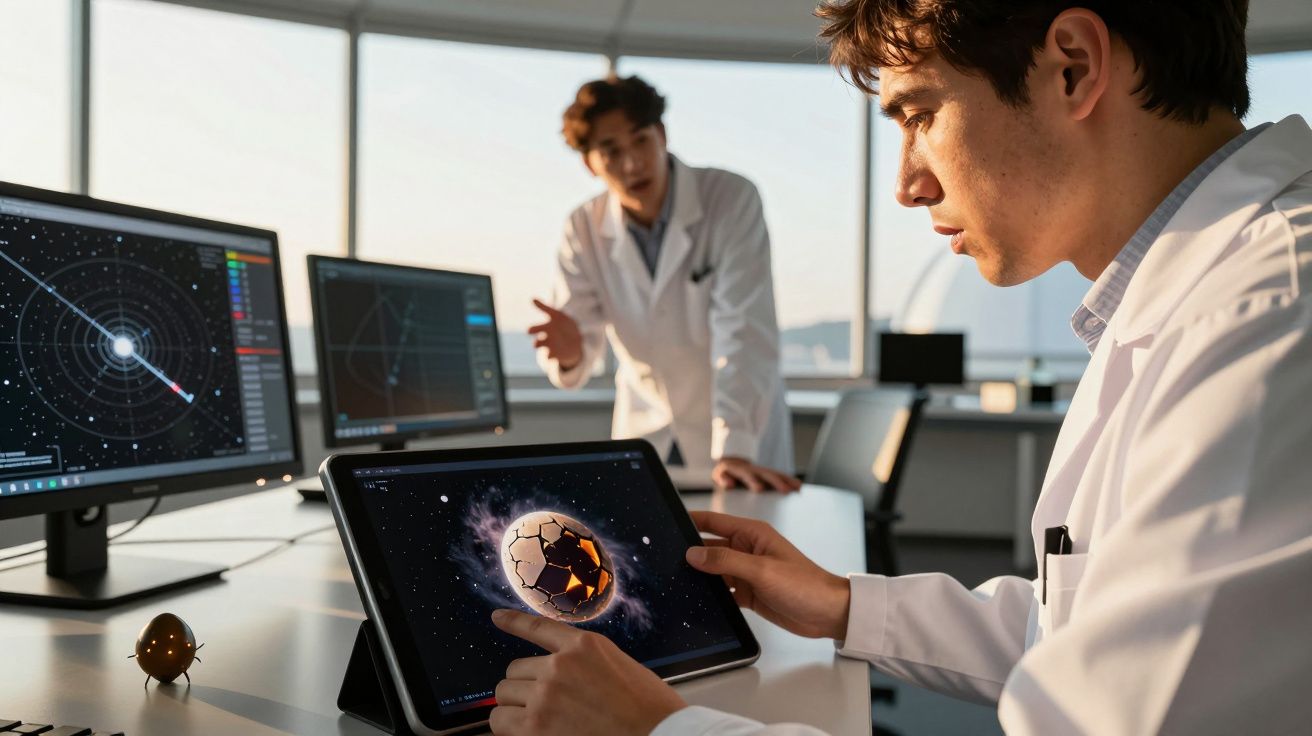 Zwei Wissenschaftler in weißen Kitteln analysieren Weltraumdaten auf Monitoren und Tablet in einem modernen Labor.