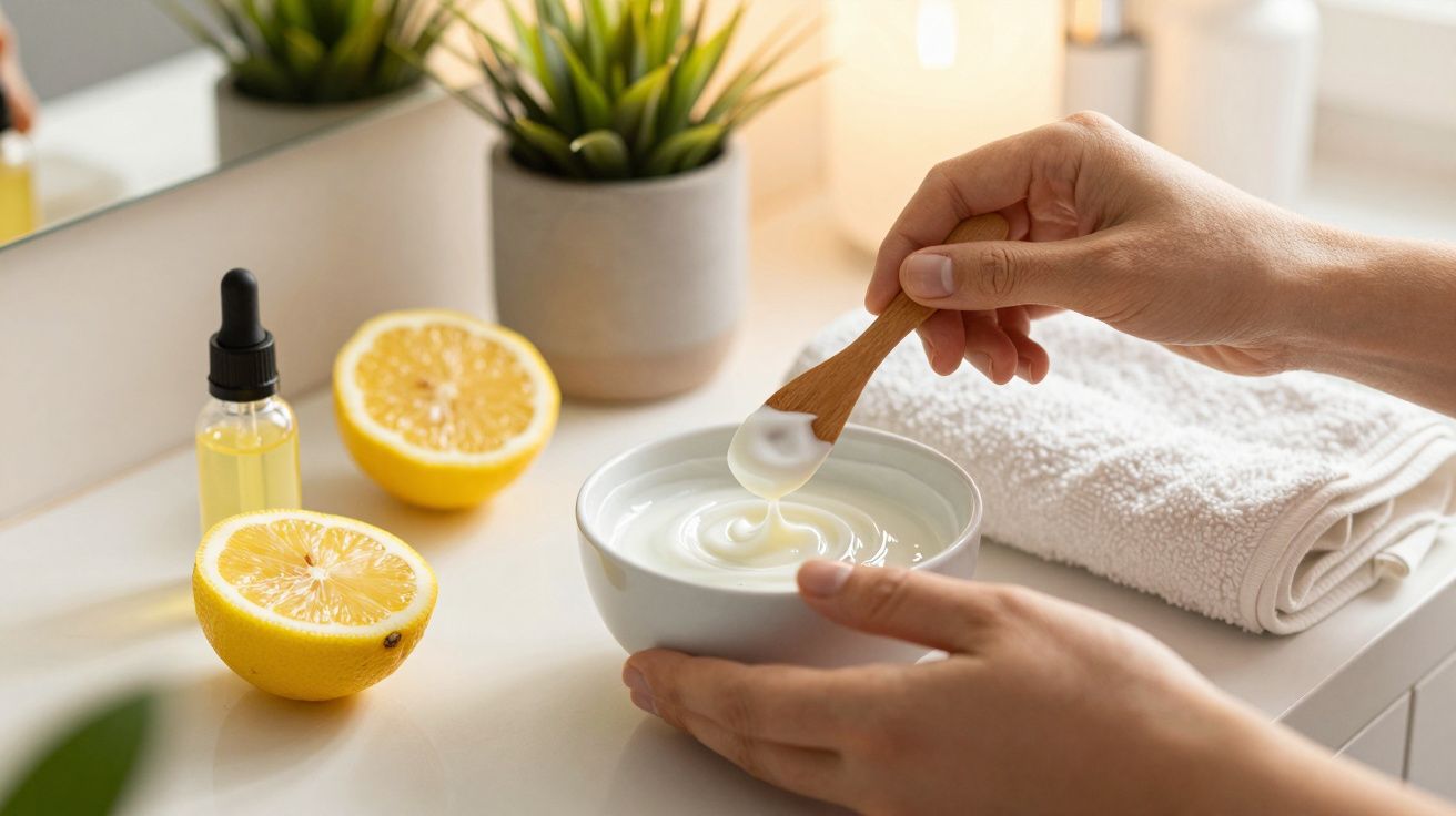 Person rührt in einer Schüssel weißer Creme; daneben Zitronen, Ölfläschchen, Handtuch und Pflanze.