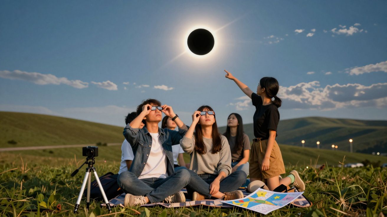 Gruppe von Menschen auf einer Wiese beobachtet eine Sonnenfinsternis mit Schutzbrillen. Eine Person zeigt zum Himmel.