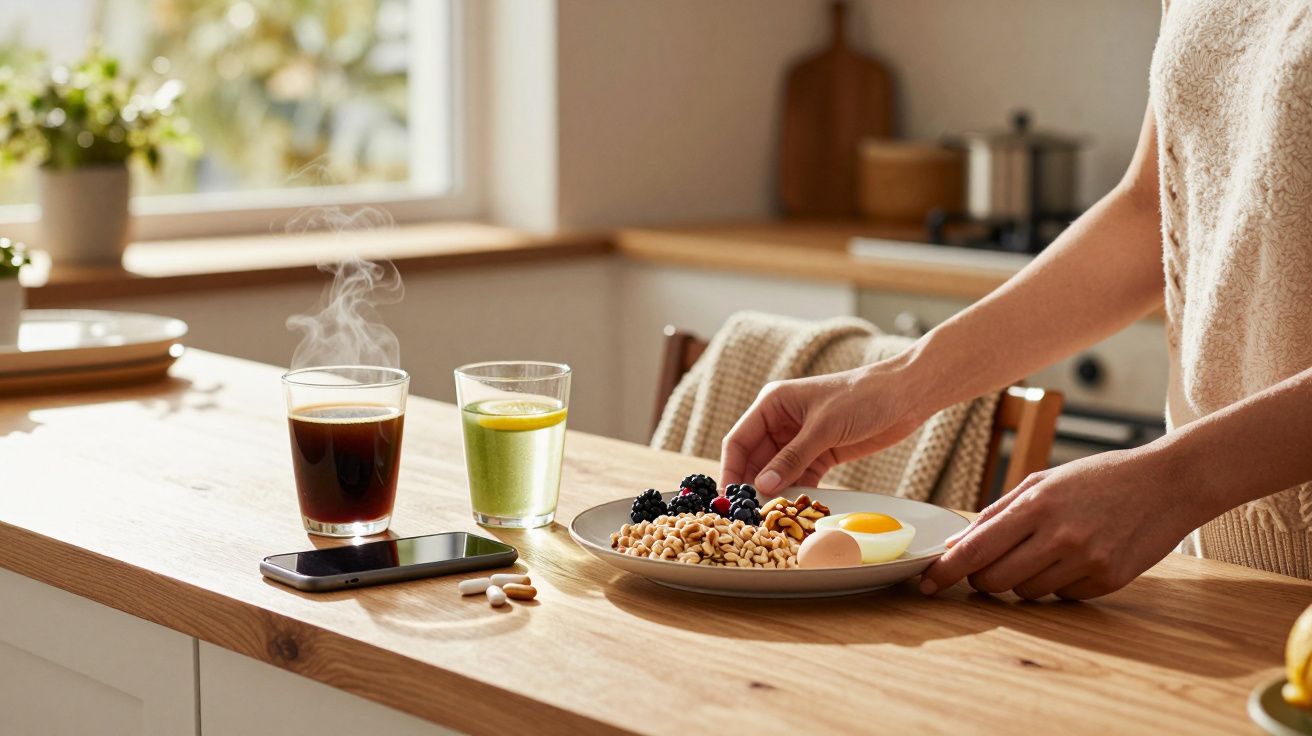 Person platziert Frühstücksteller mit Nüssen, Beeren und Ei neben Kaffee, grünem Saft und Smartphone auf Holztisch.