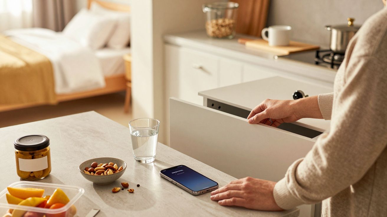 Person öffnet Küchenschublade, Smartphone und Snacks auf der Arbeitsplatte, Schlafzimmer im Hintergrund.