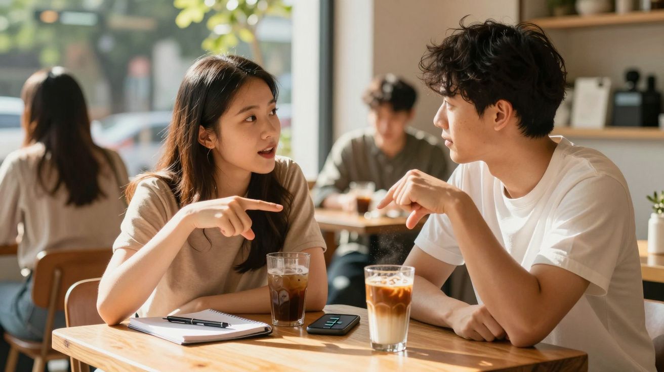Zwei Personen unterhalten sich in einem Café, während sie Getränke genießen, Notizbuch und Handy auf dem Tisch.