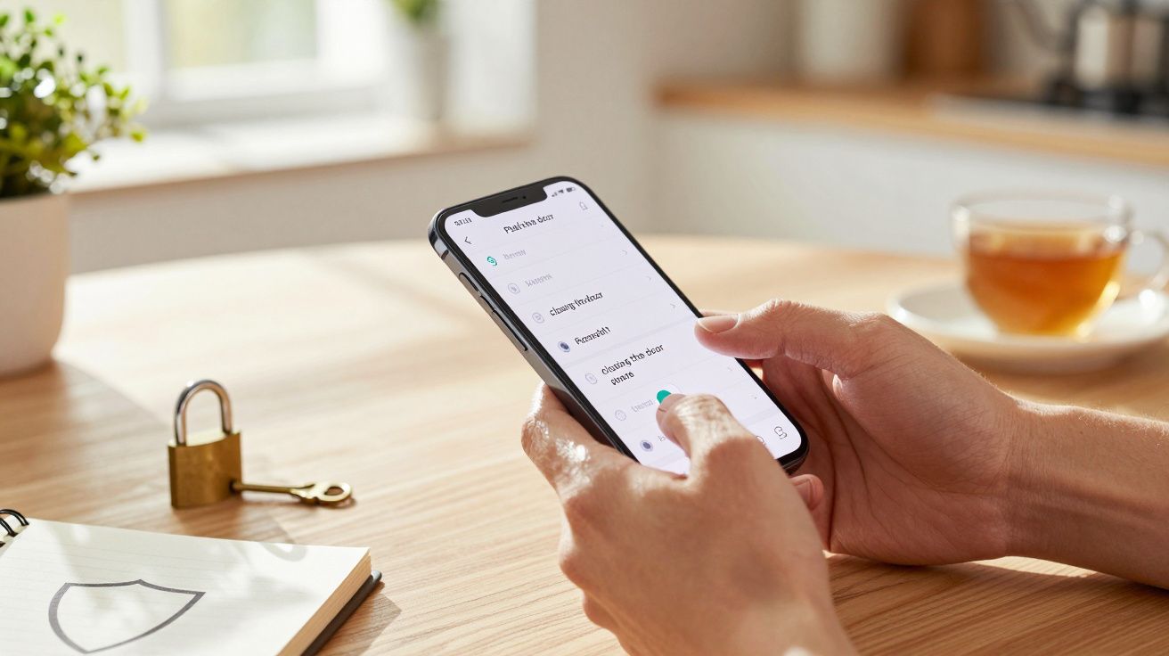 Person hält ein Smartphone in der Hand, prüft Einstellungen. Auf Tisch eine Teetasse, Notizbuch mit Schloss.