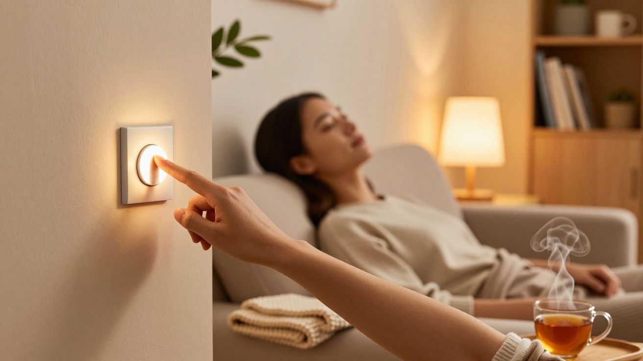 Person auf Sofa entspannt, während eine Hand den Dimmer reguliert; Teetasse und Lampe im Hintergrund.