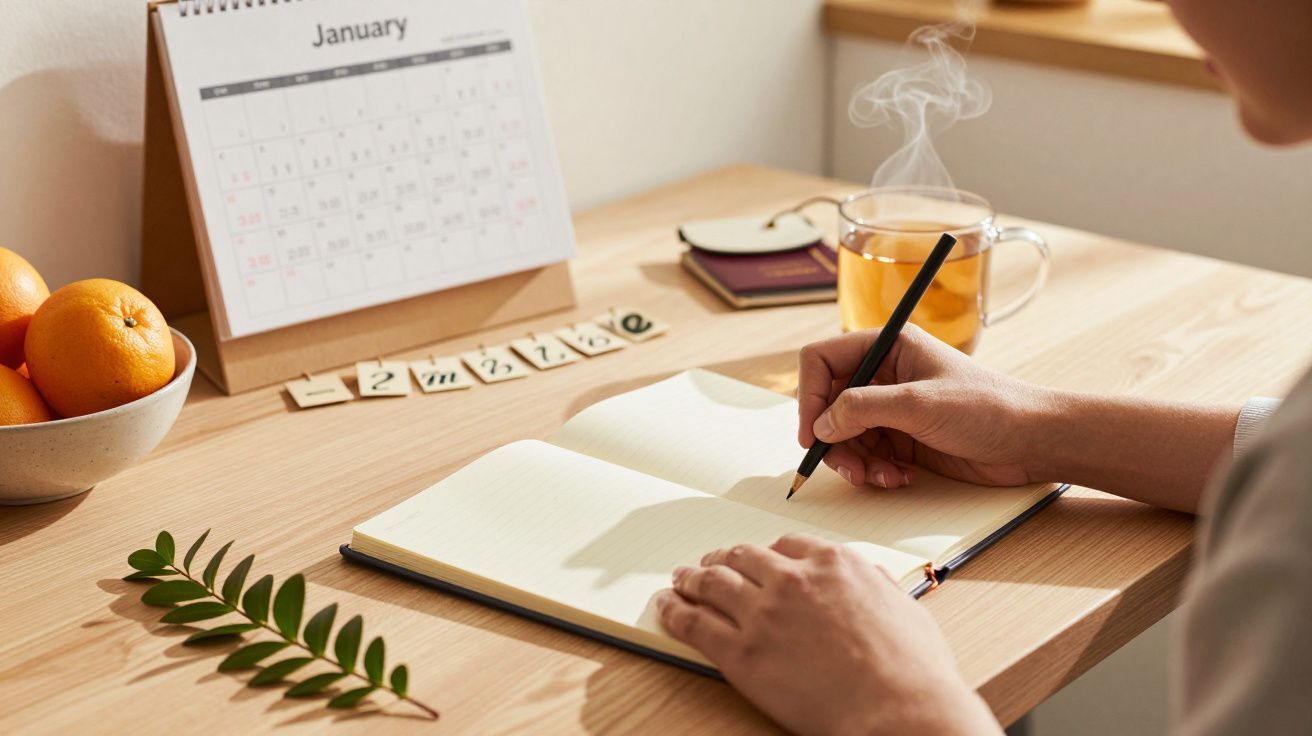 Person schreibt in ein Notizbuch, auf einem Tisch mit Kalender, Orangen und Tee.