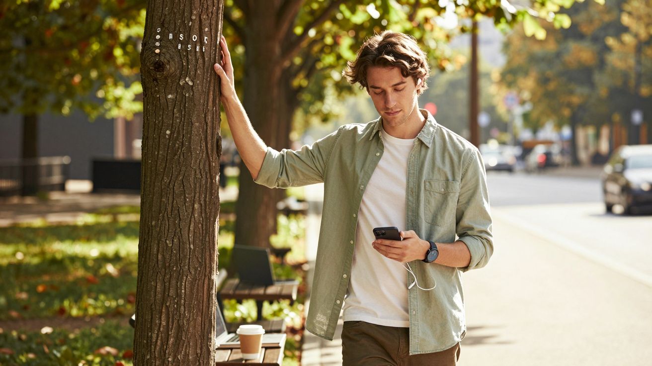 Junger Mann lehnt an einem Baum und schaut auf sein Smartphone, während er an einer sonnigen Straße entlanggeht.