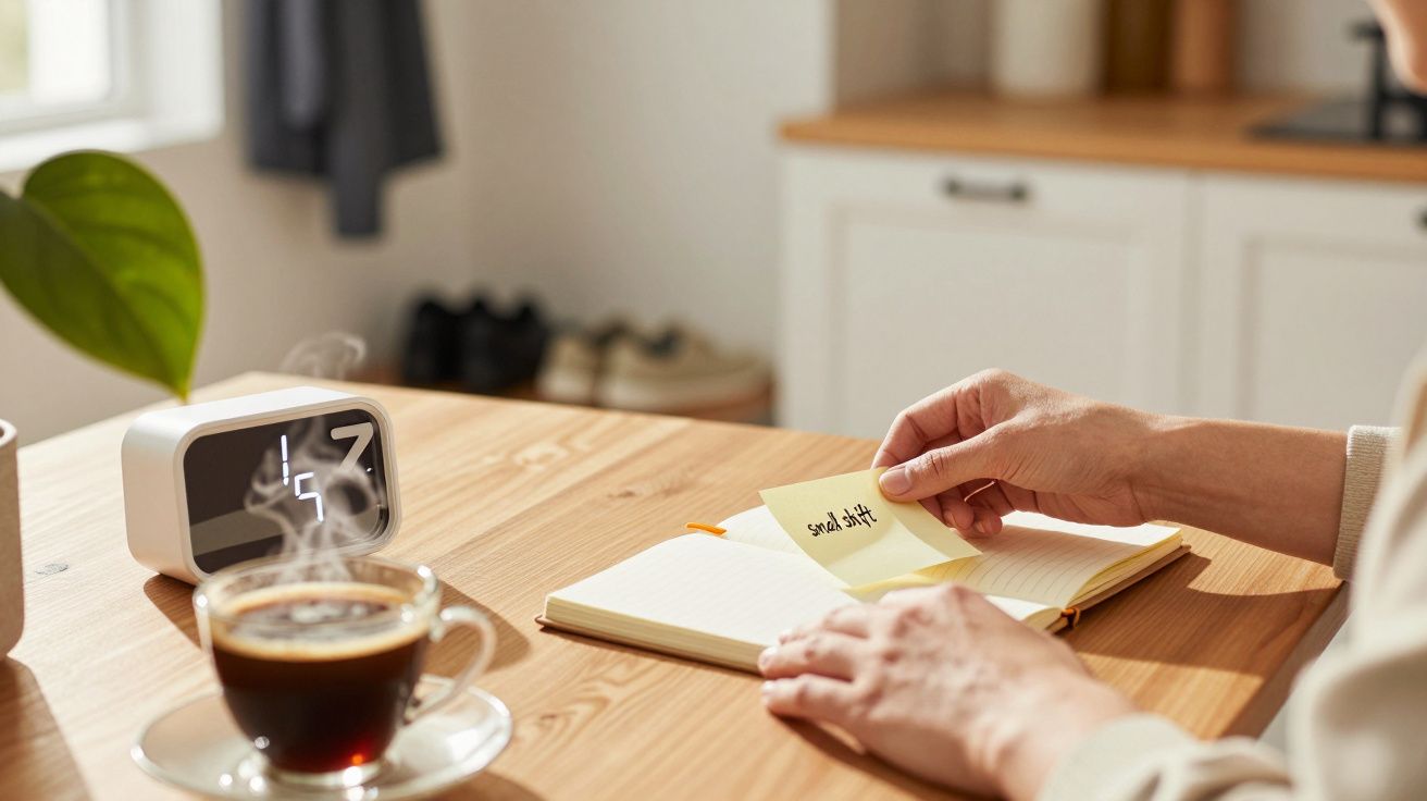 Person schreibt Notiz in ein Heft neben einer Tasse Kaffee und einem digitalen Wecker auf einem Holztisch.
