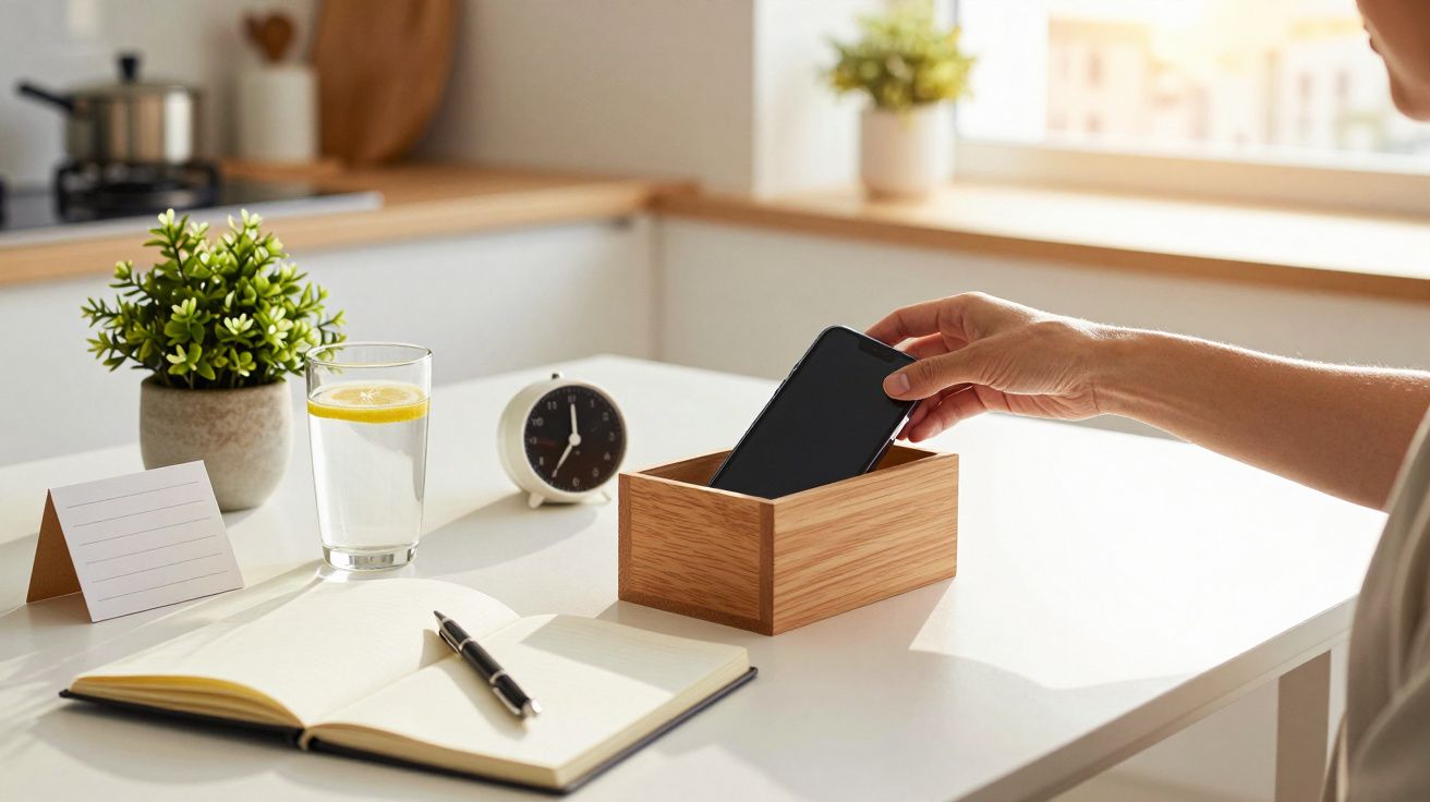 Person legt Smartphone in Holzkiste auf weißem Tisch mit Notizbuch, Stift, Uhr, Wasser mit Zitrone und Pflanze.