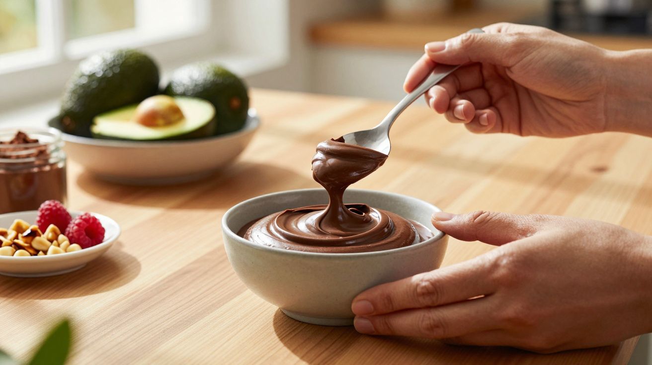 Hand hält Löffel mit Schokoladencreme über Schüssel, Avocado und Nüsse im Hintergrund auf Holztisch.
