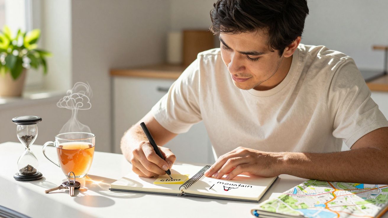 Ein Mann schreibt in ein Notizbuch auf einem Tisch mit einer Sanduhr, Tee und Landkarte bei Tageslicht.
