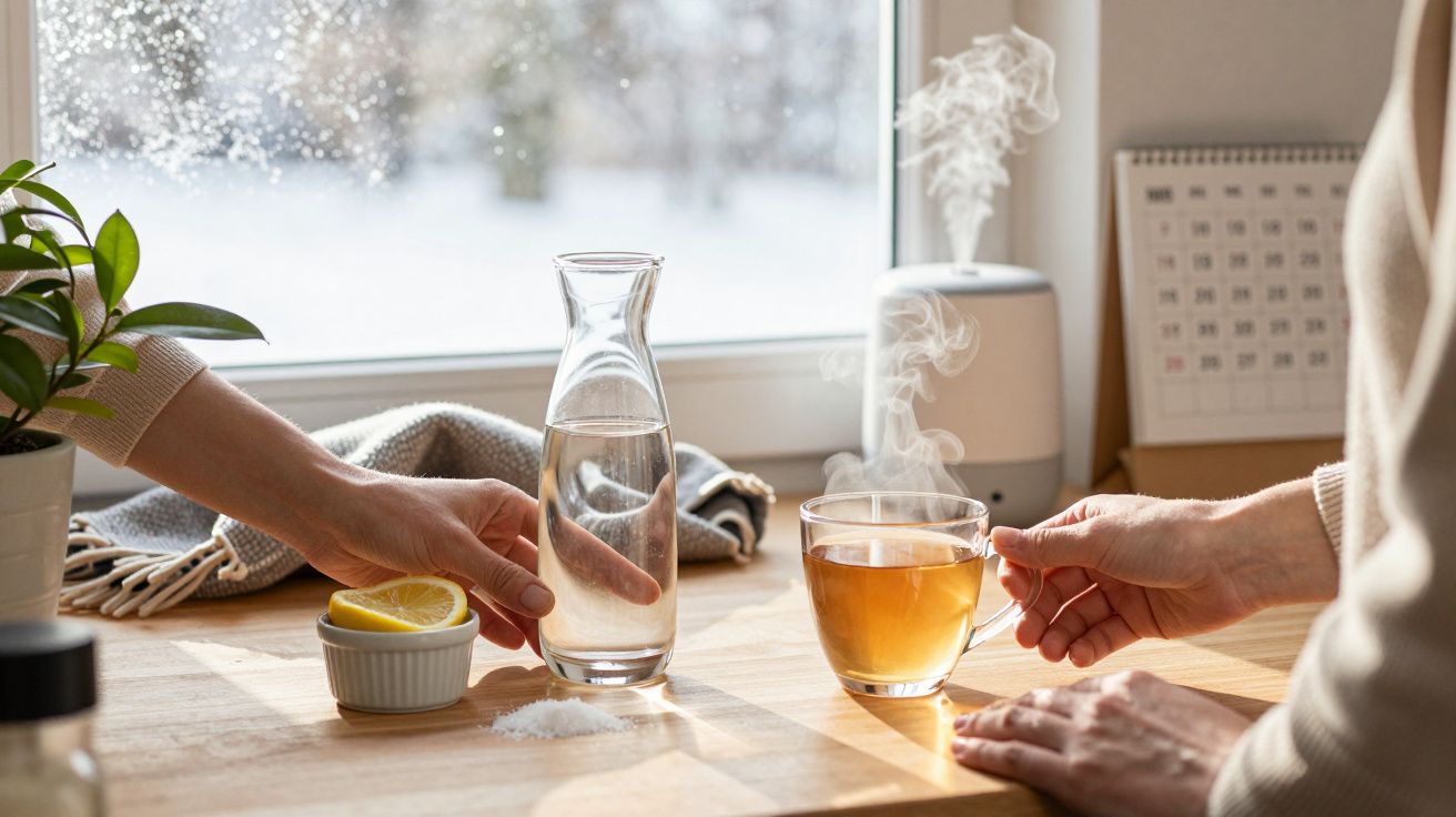 Eine Hand reicht eine dampfende Tasse Tee, daneben eine Karaffe mit Wasser, Zitrone und Salz auf einem Tisch vor einem Fenste