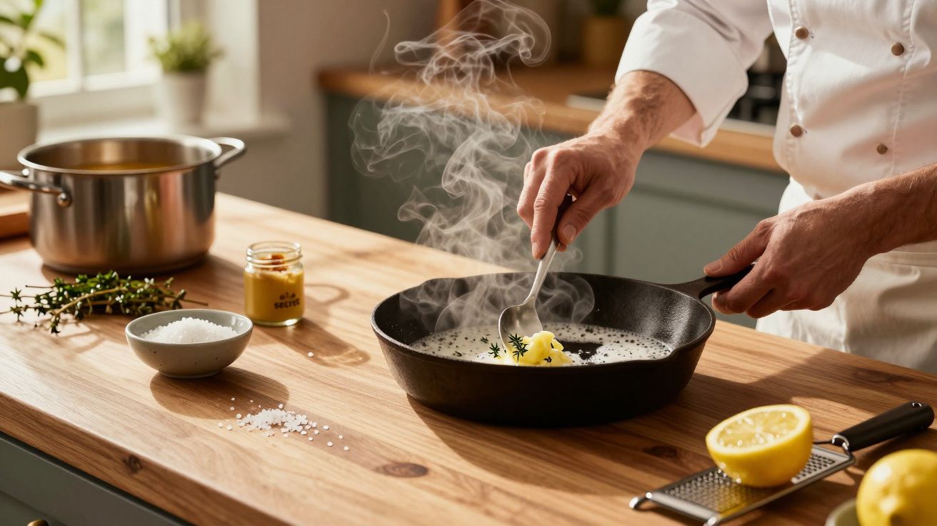 Koch rührt Butter in einer heißen Pfanne auf einem Holztisch. Daneben liegen Gewürze, Salz und Zitronen.