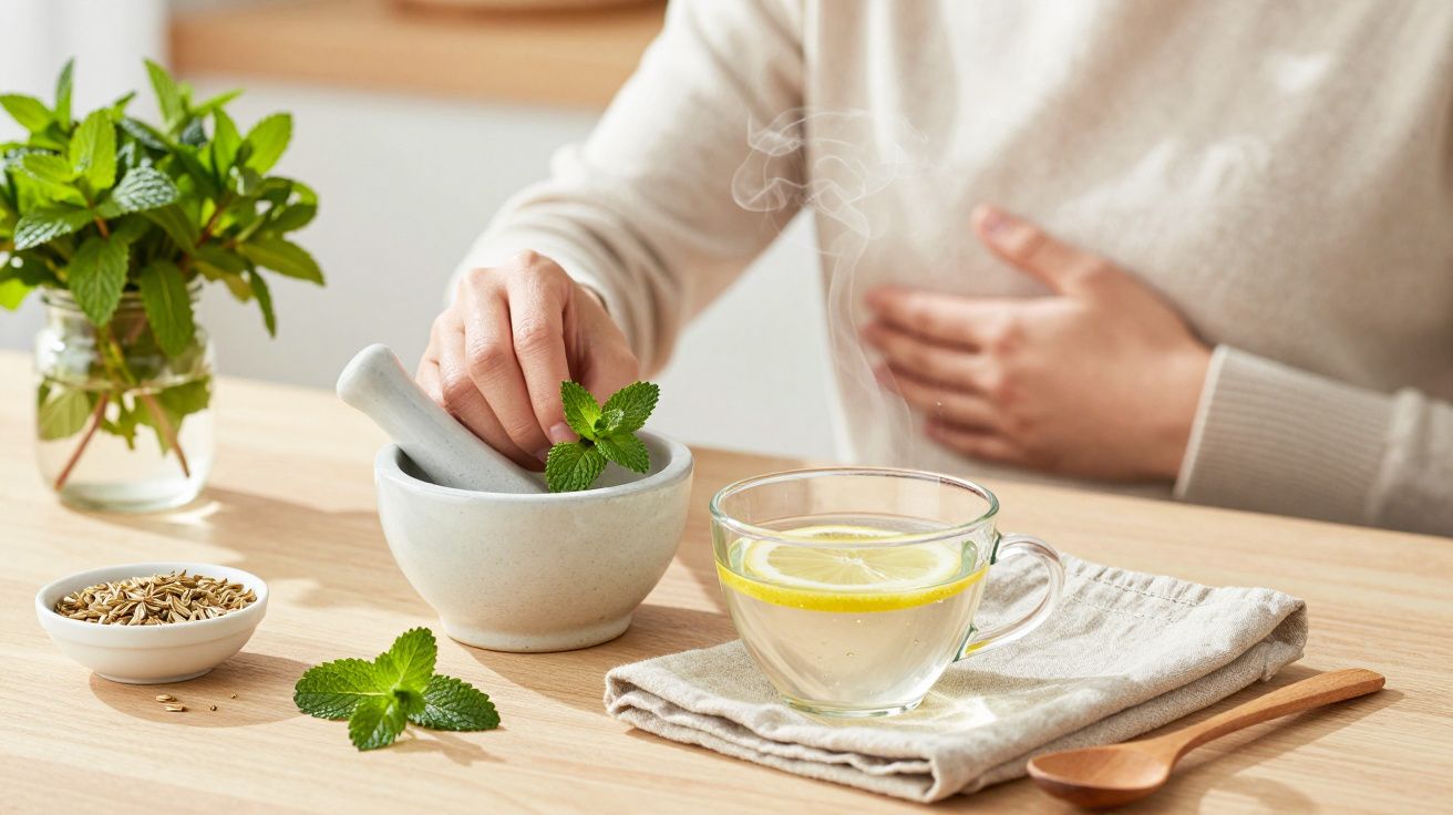 Person bereitet Tee mit Zitrone und Minze zu, hält sich dabei den Bauch. Mint- und Fenchelsamen im Hintergrund.