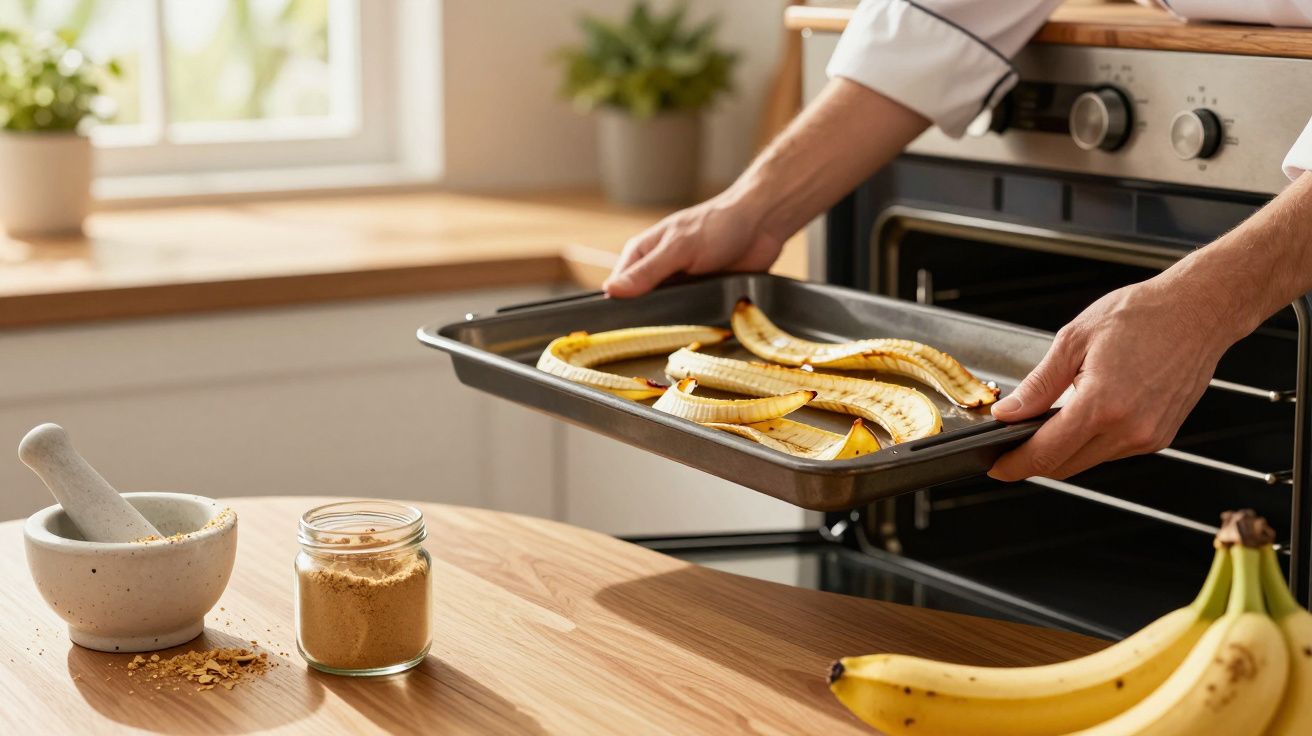 Person schiebt ein Backblech mit Bananen in den Ofen, daneben Mörser, Gewürzglas und Bananen auf der Arbeitsfläche.