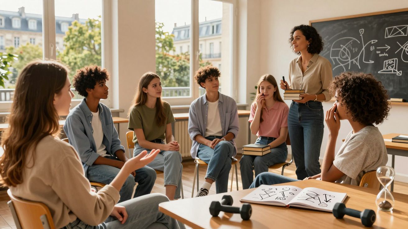 Eine Gruppe von Schülern sitzt in einem Klassenzimmer und hört einer Lehrerin zu, die Bücher hält.