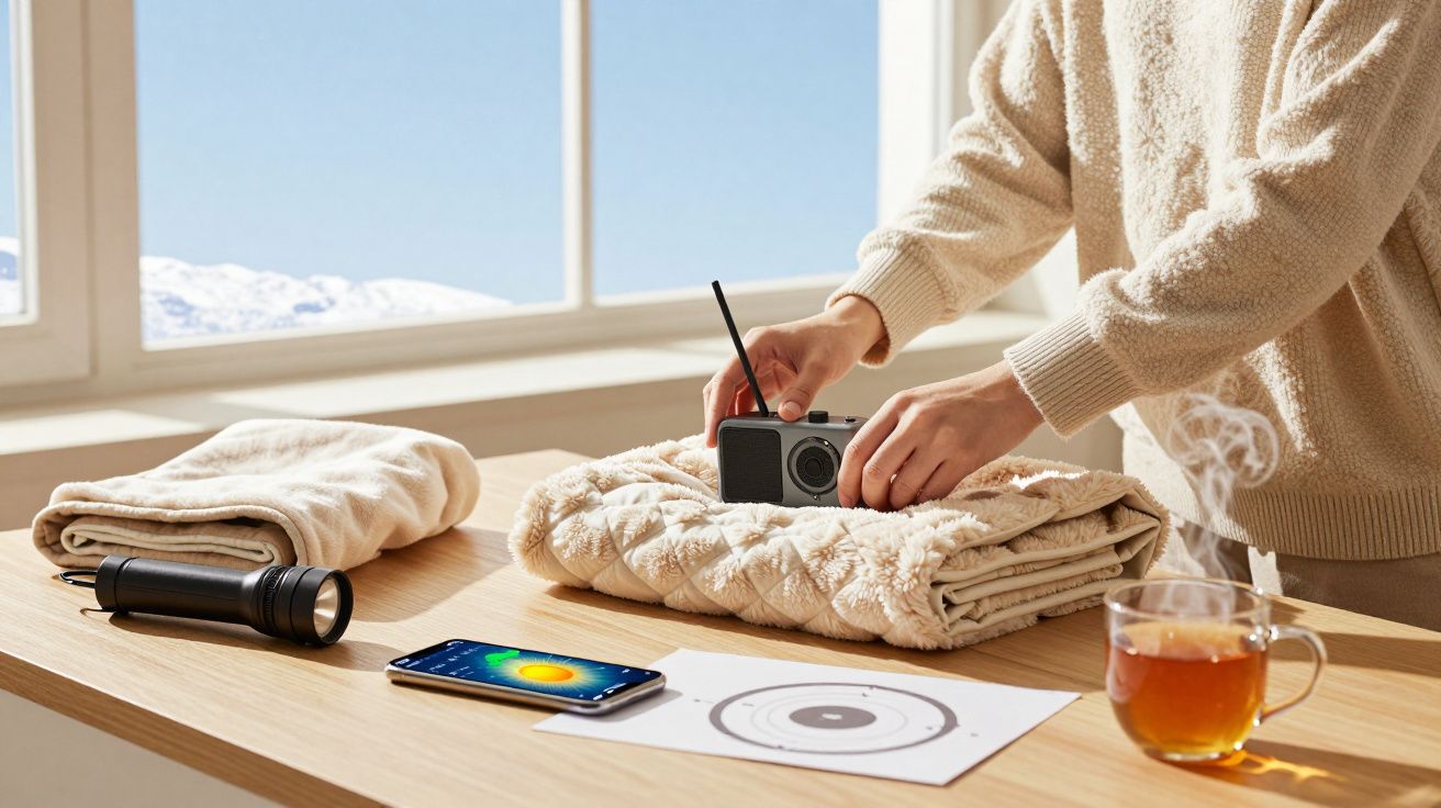 Person faltet Decke neben Tee, Smartphone, Taschenlampe und Funkgerät auf Tisch mit Schneelandschaft im Hintergrund.
