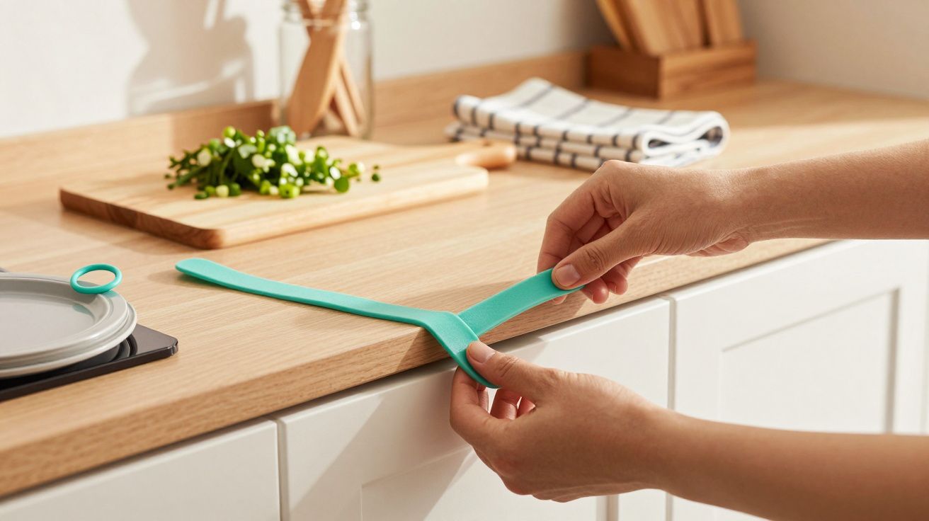 Hände legen ein blaues Silikonband auf eine Küchenarbeitsplatte. Im Hintergrund ein Schneidebrett mit grünen Zwiebeln.