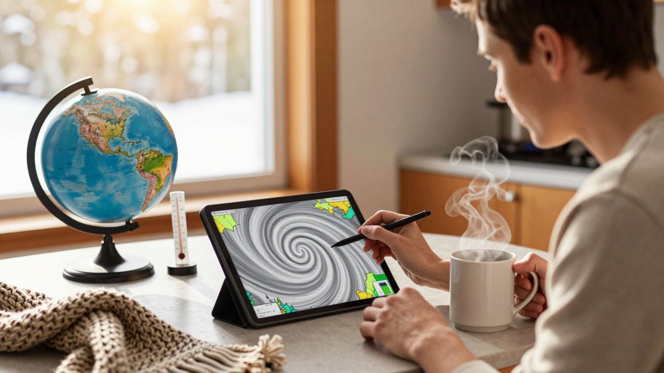 Mann zeichnet auf einem Tablet einen Wirbelsturm, mit einer Kaffeetasse und einem Globus auf dem Tisch.