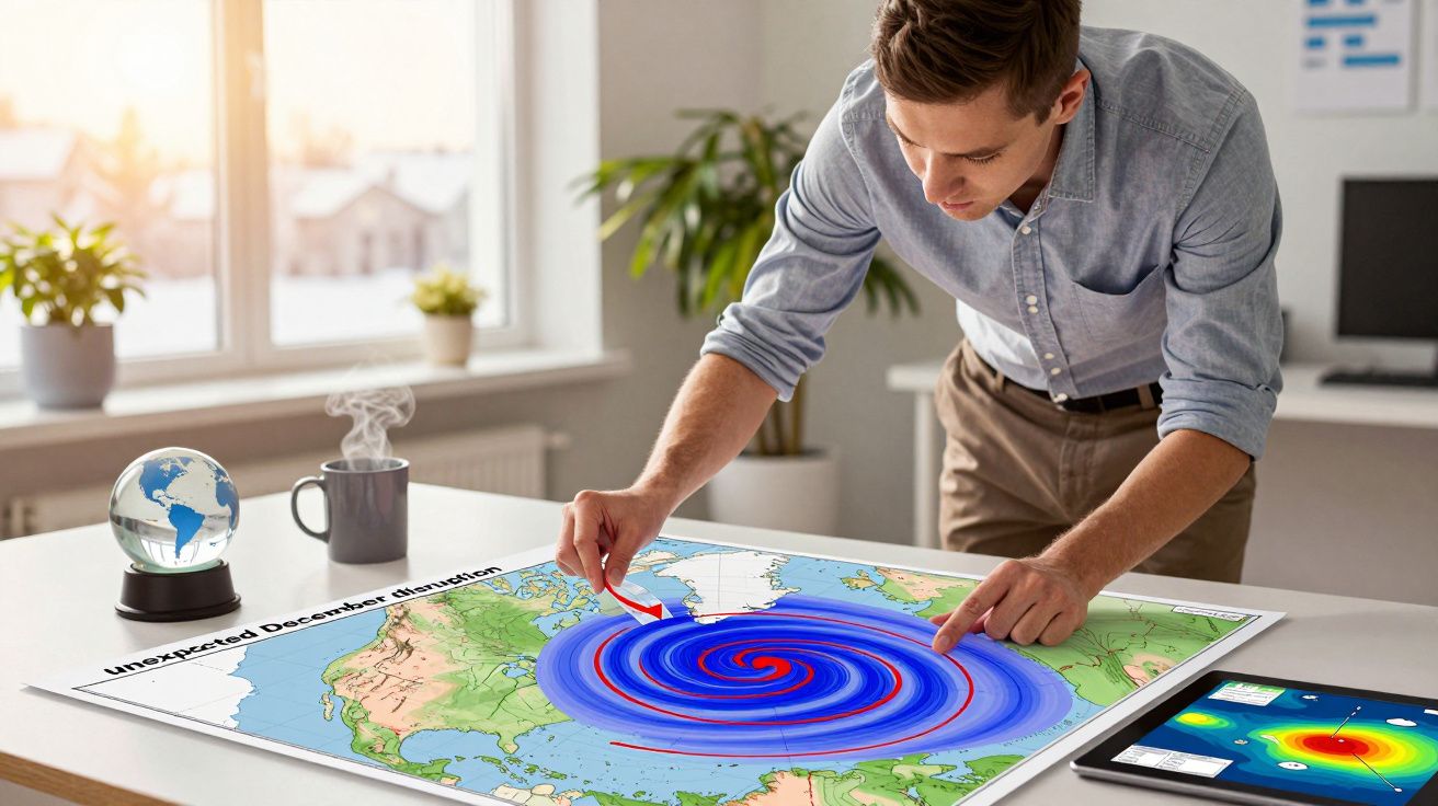 Ein Mann analysiert eine Wetterkarte mit einem Wirbelsturm, während ein Tablet und ein Globus auf dem Tisch stehen.