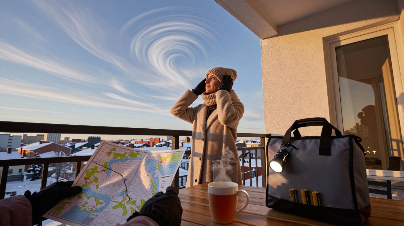 Frau auf Balkon, trägt Mütze, schaut in den Himmel; Tisch mit Karte, dampfendem Getränk, Tasche und Fernglas.