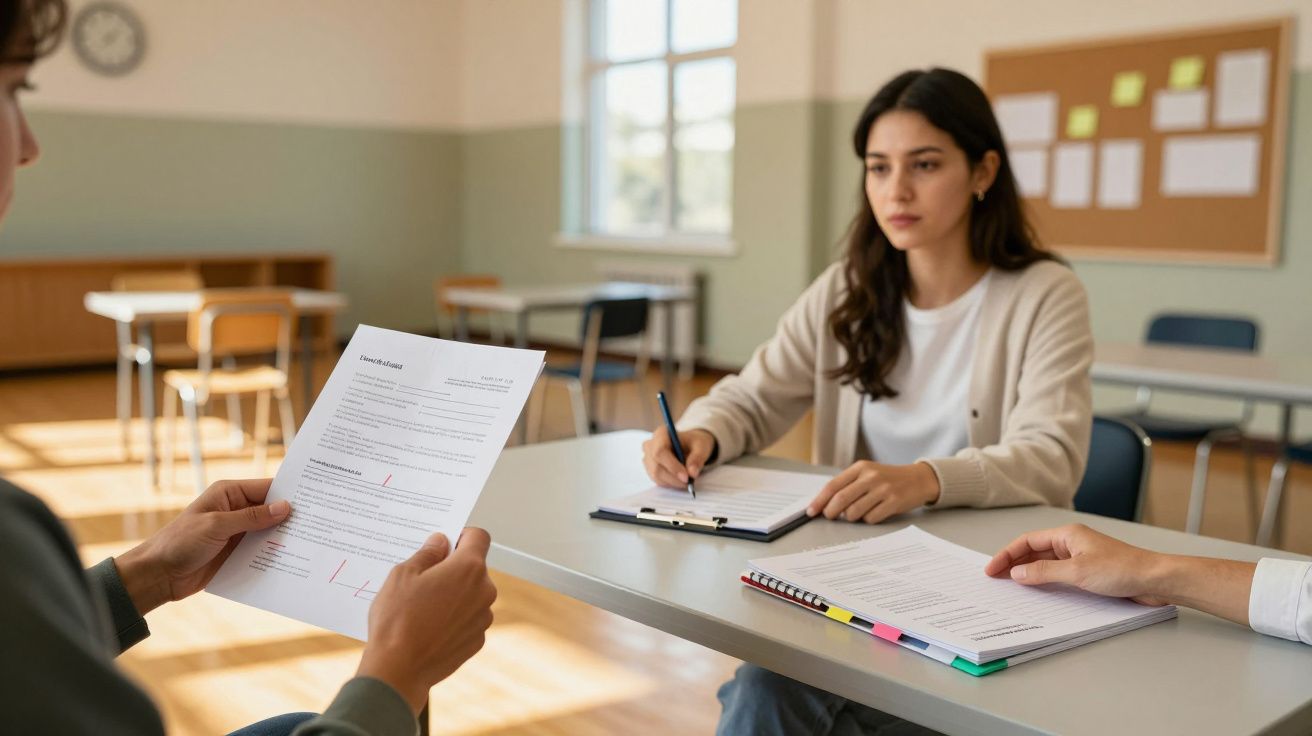 Frau sitzt an Tisch in Klassenzimmer, liest Dokumente. Schülerin im Hintergrund.