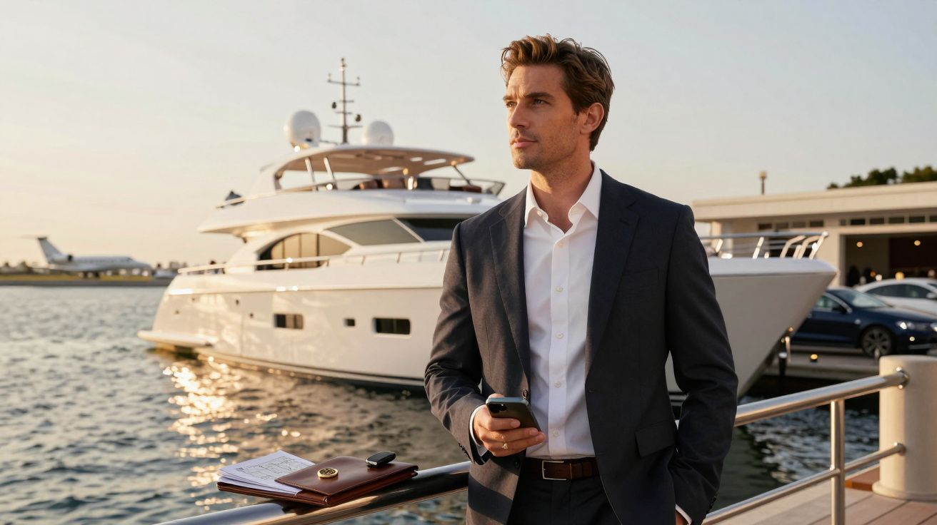 Mann im Anzug steht am Steg mit Smartphone in der Hand, im Hintergrund eine große Yacht und ein Privatjet.