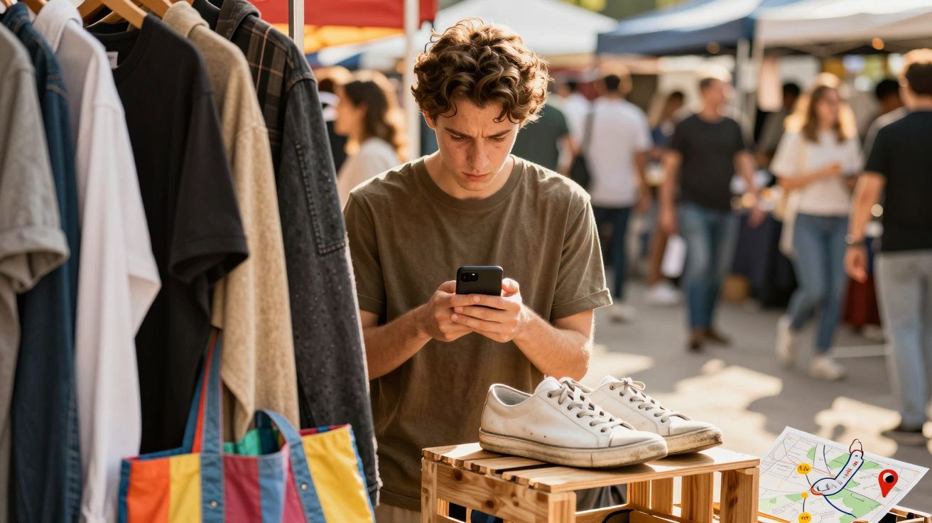 Junger Mann auf einem Flohmarkt, der auf sein Handy schaut, während er vor einem Verkaufsstand mit Schuhen und Kleidung steht