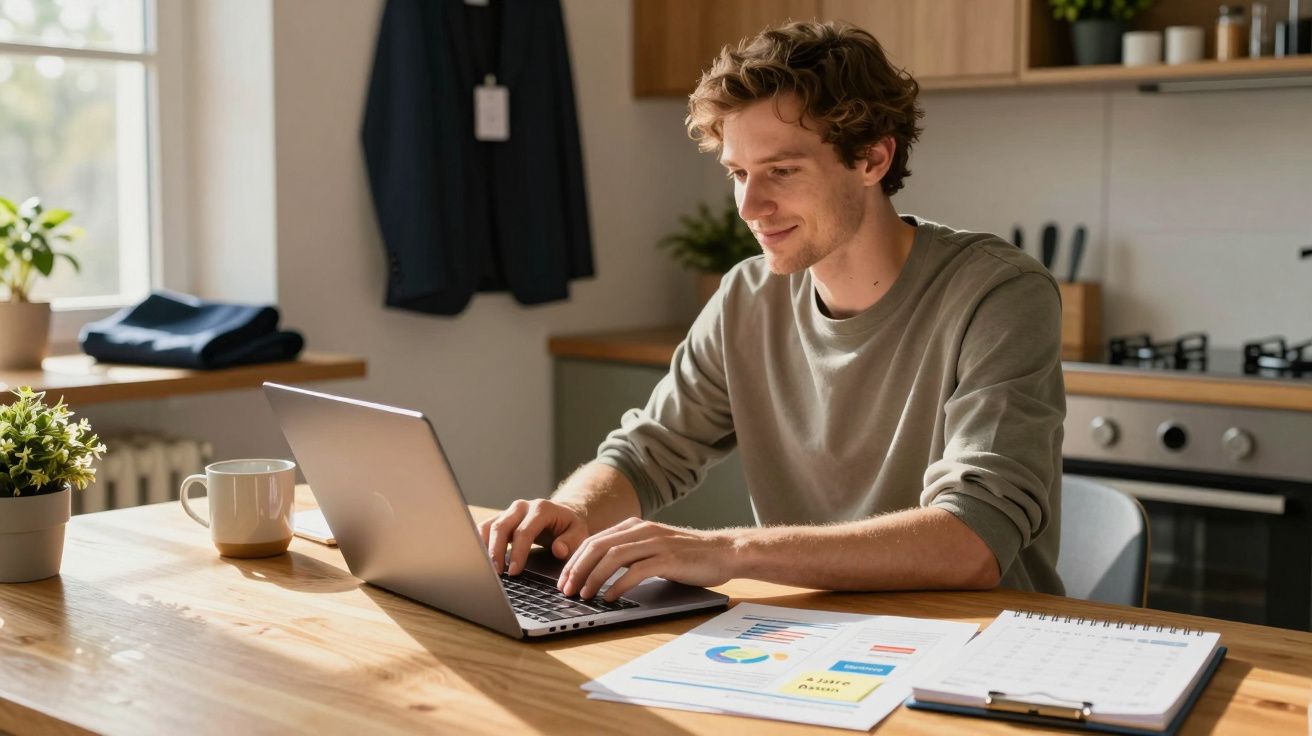 Ein Mann arbeitet lächelnd an einem Laptop in einer modernen Küche mit Dokumenten und einer Tasse Kaffee auf dem Tisch.