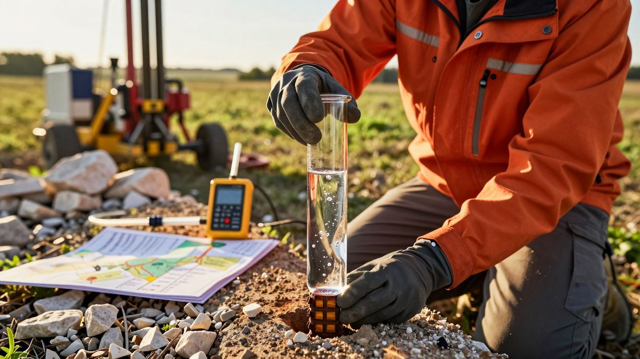 Person in orange Jacke untersucht Bodenprobe auf einem Feld mit Glasröhrchen, Karte und Messgerät.