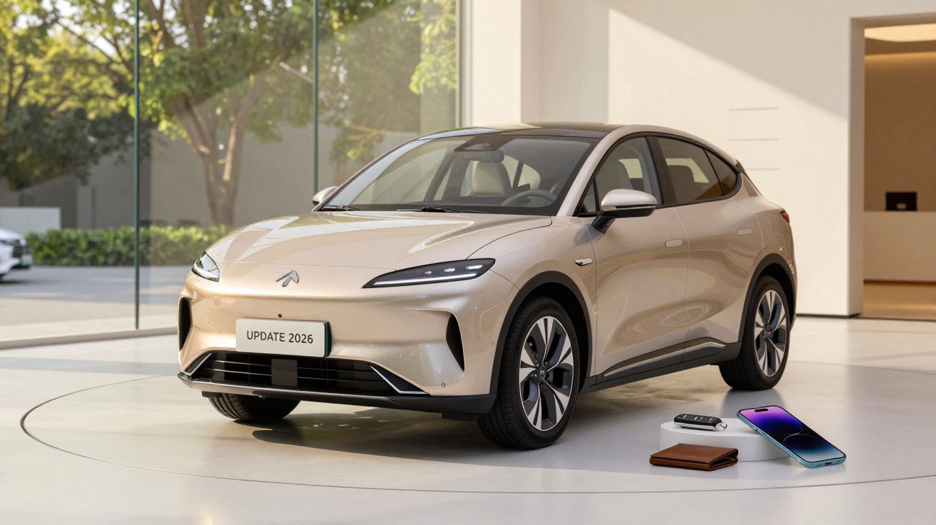 Beiger Elektro-SUV in einem Showroom, von vorne links gesehen, mit Smartphone und Geldbörse auf dem Boden.