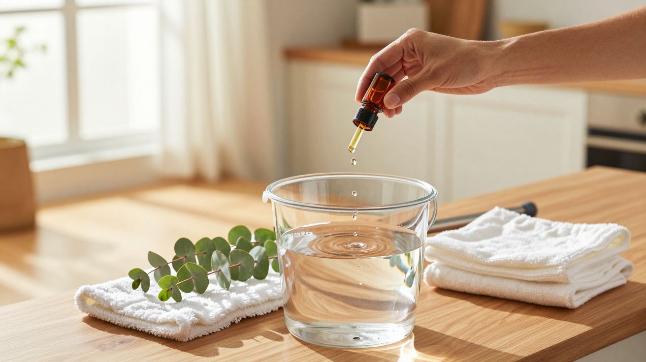 Hand tropft ätherisches Öl in eine Glasschüssel mit Wasser, daneben Handtücher und Eukalyptus auf Holztisch.