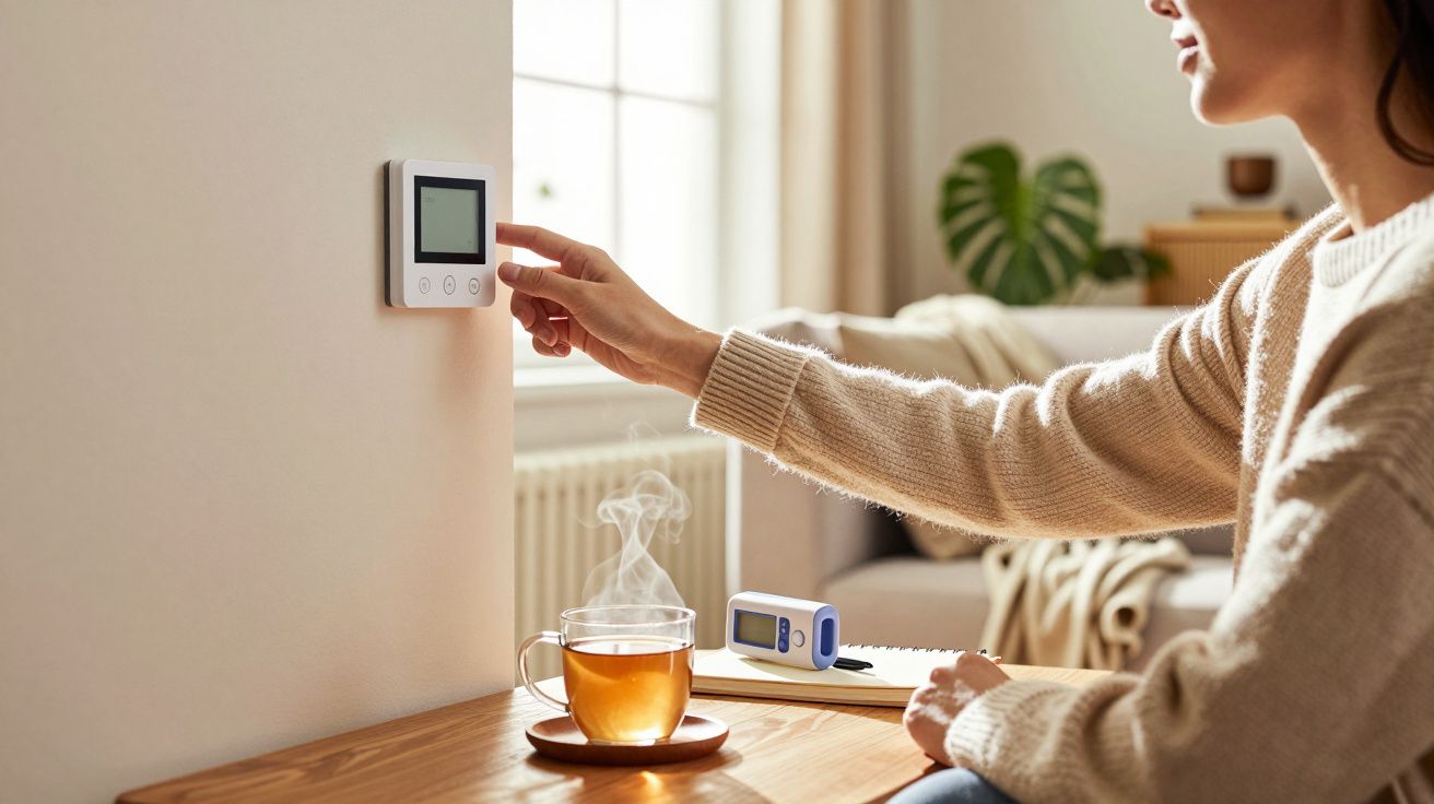 Person stellt Thermostat ein, während sie auf einem Tisch sitzt, mit einer Tasse Tee und einem digitalen Thermometer daneben.