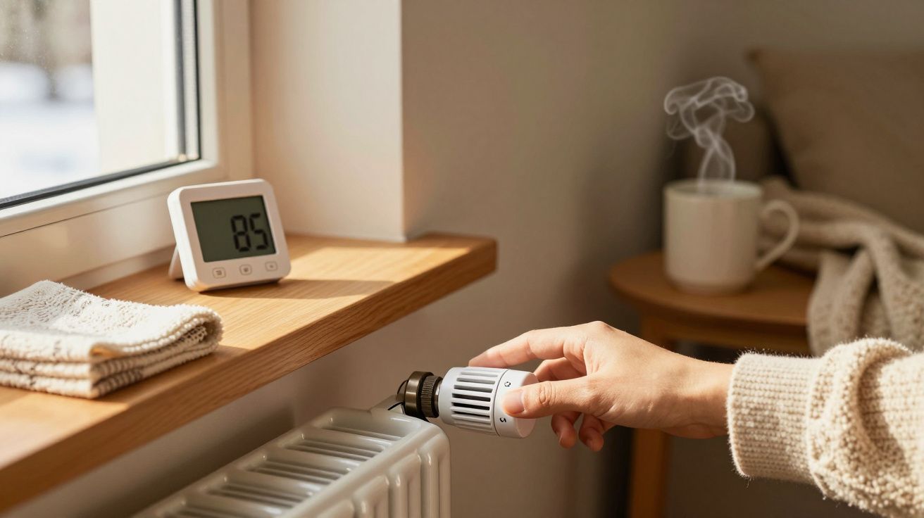 Hand dreht am Heizungsventil, Thermostat zeigt 25°C, auf Regal liegt Tuch, und im Hintergrund dampfende Tasse.