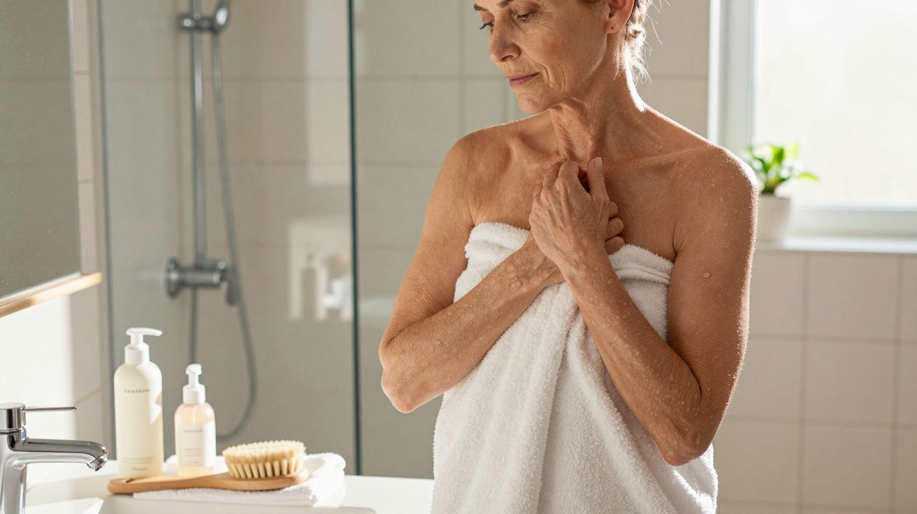 Ältere Frau mit Handtuch im Badezimmer, handt Pflegetasche. Im Hintergrund ist eine Dusche und Pflanzen zu sehen.