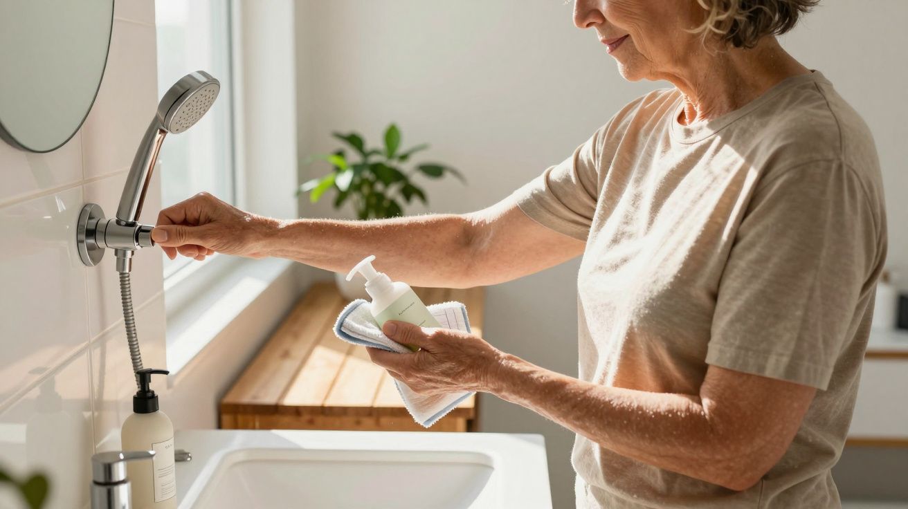 Ältere Frau reinigt Duschkopf im Badezimmer, hält Seife und Tuch, Sonnenlicht durch Fenster.