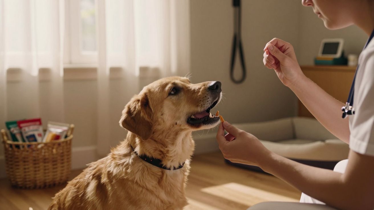 Tierarzt gibt goldenem Retriever Leckerli in hell beleuchtetem Raum.