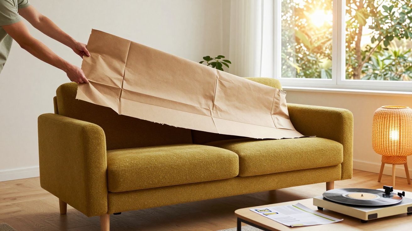 Person legt Papier auf gelbes Sofa, daneben ein Tisch mit Schallplattenspieler und Lampe, Sonnenlicht fällt durchs Fenster.