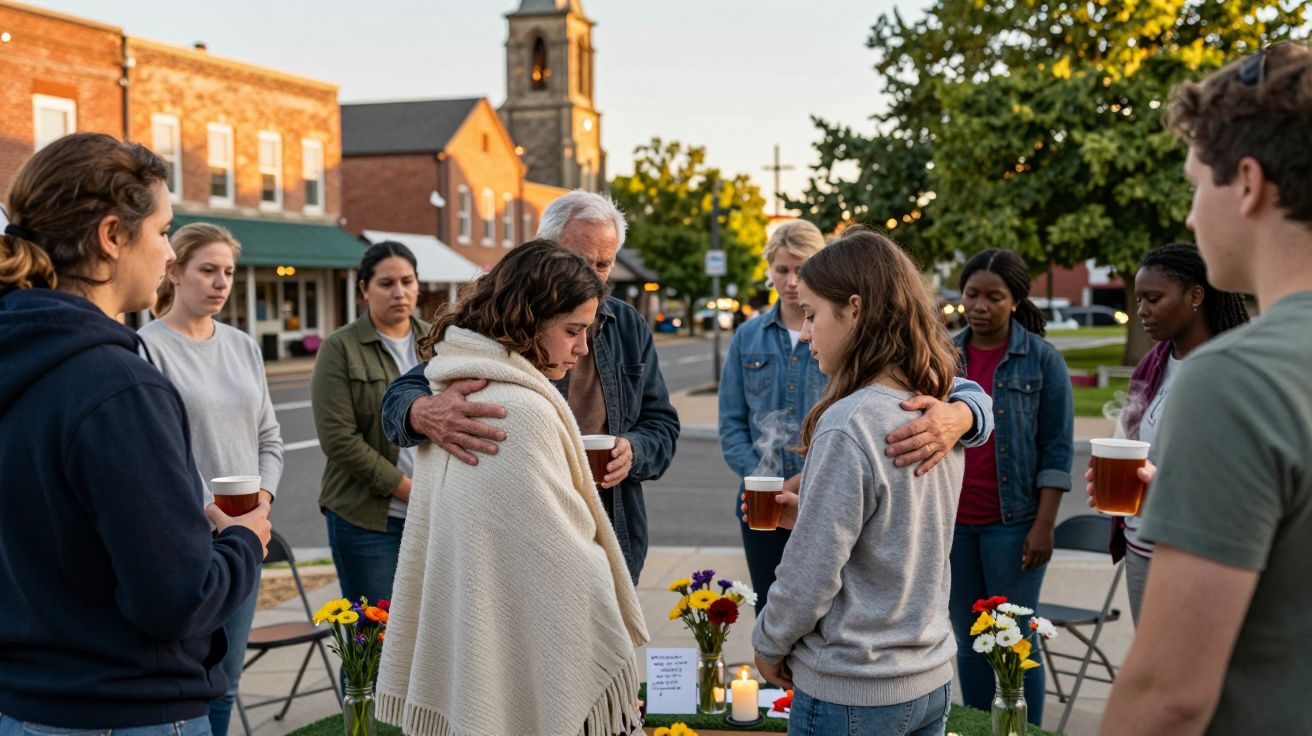 Eine Gruppe von Menschen versammelt sich im Freien um einen mit Blumen und Kerzen geschmückten Tisch, hält Getränke.