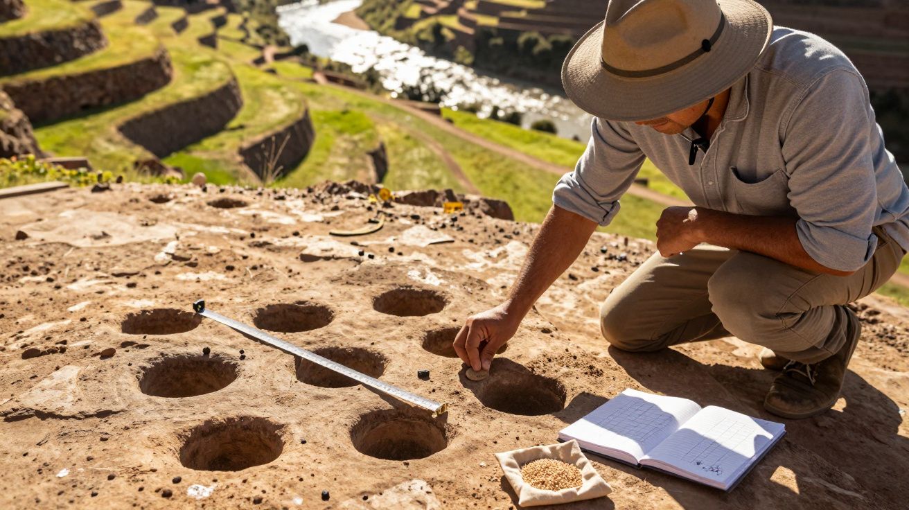 Ein Forscher untersucht Löcher im Boden mit einem Notizbuch und einem Maßstab im Hintergrund von landwirtschaftlichen Terrass