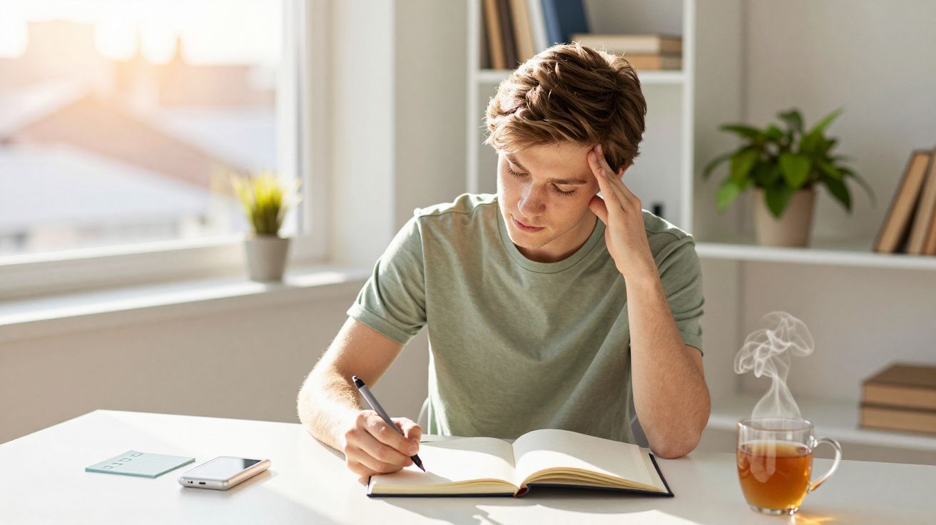 Ein junger Mann schreibt nachdenklich in ein Notizbuch, umgeben von Pflanzen und Sonnenlicht, mit einer Tasse Tee nahebei.