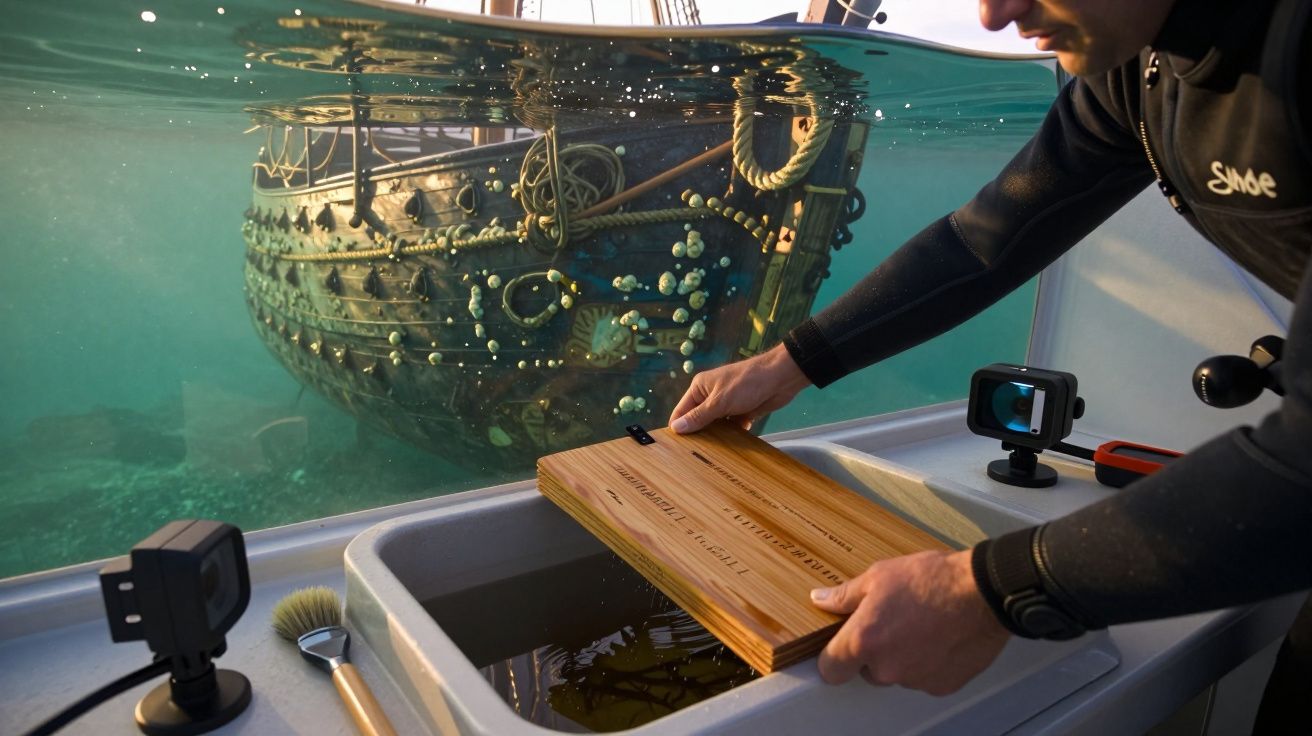 Taucher hält ein Holzbrett, während ein antikes Schiffswrack unter Wasser sichtbar ist. Unterwasseraufnahme.