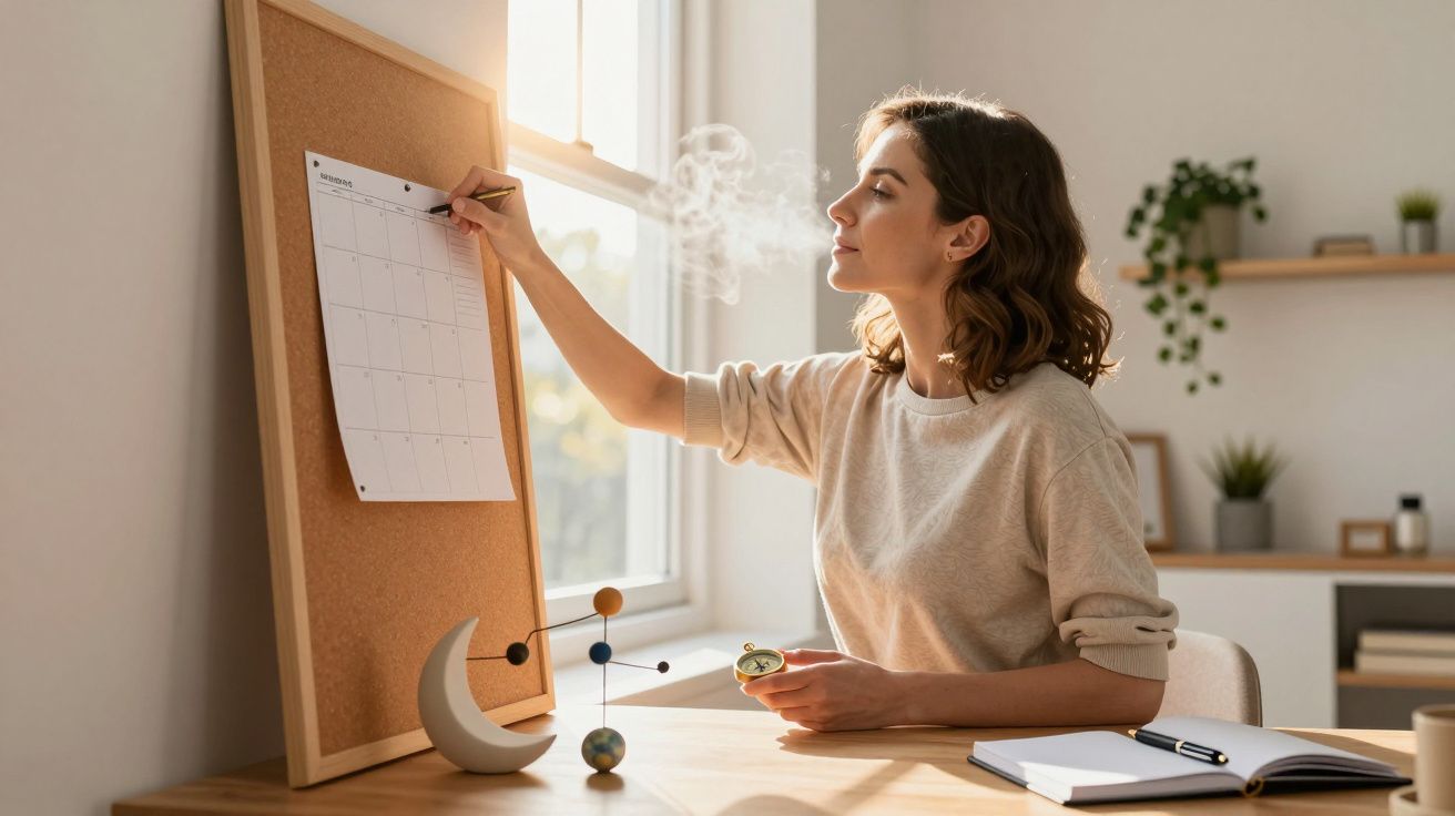 Frau schreibt auf Wandkalender im Sonnenlicht. Tisch mit Deko-Elementen und offenem Notizbuch.