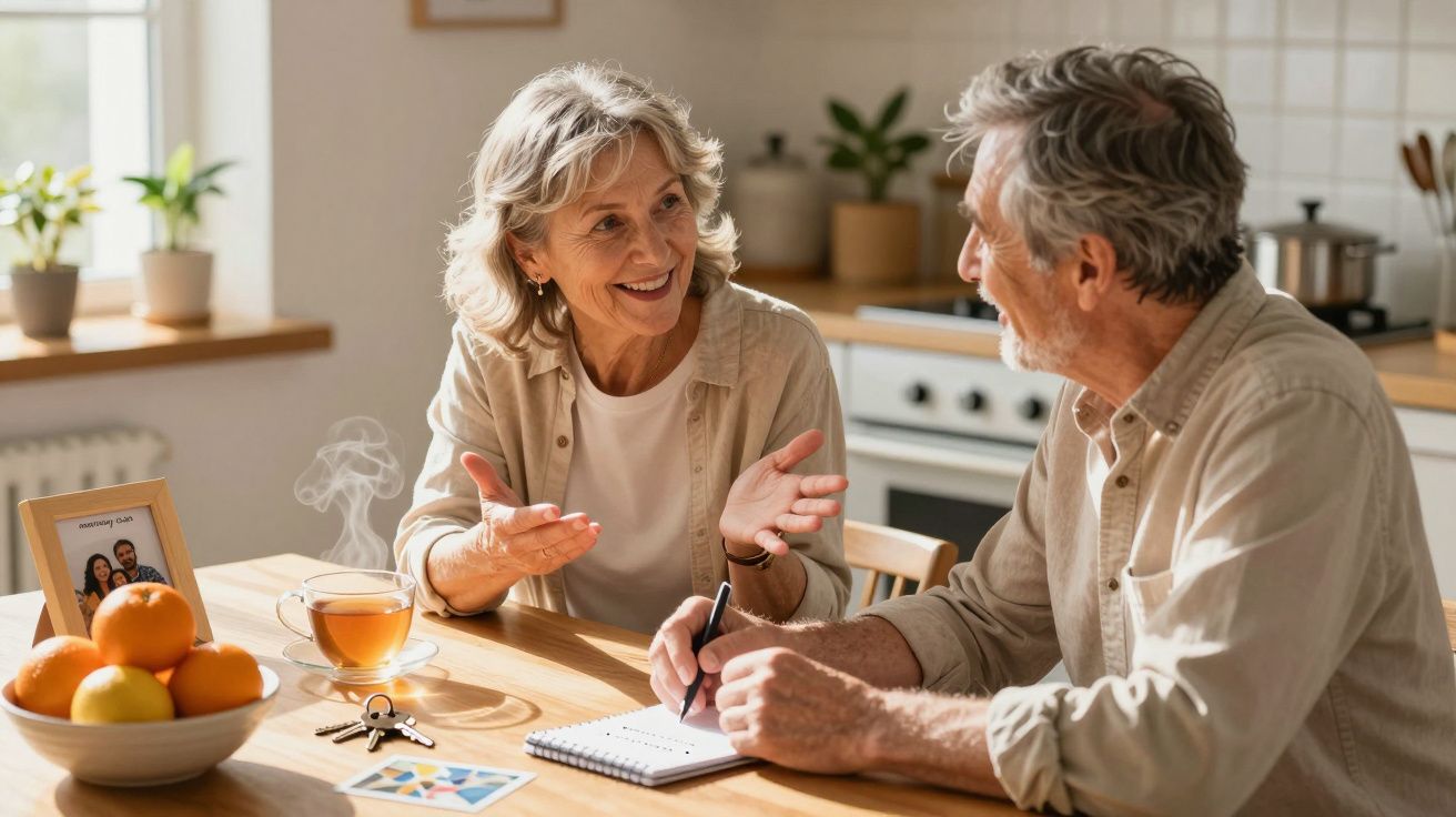 Älteres Paar unterhält sich lächelnd am Küchentisch, mit Notizbuch, Tee und Orangen auf dem Tisch.