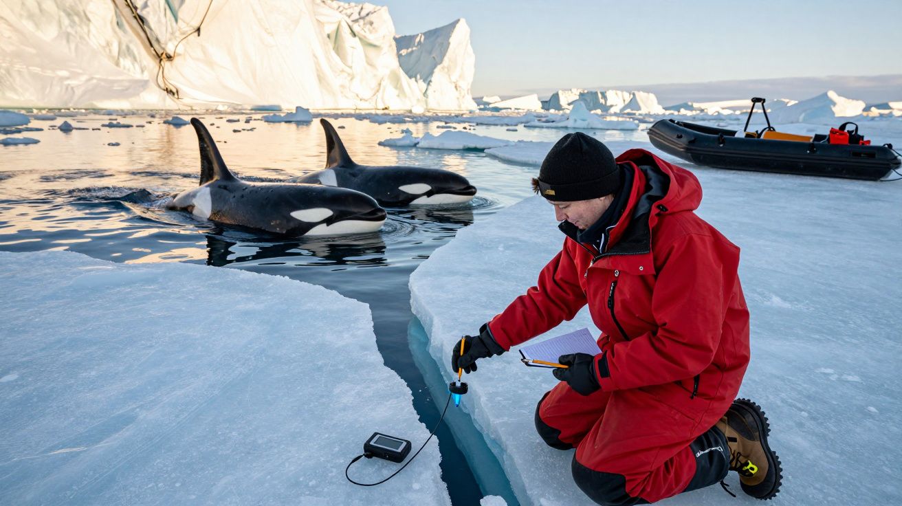 Ein Forscher in roter Kleidung entnimmt eine Wasserprobe auf Eis, während zwei Orcas im Hintergrund schwimmen.