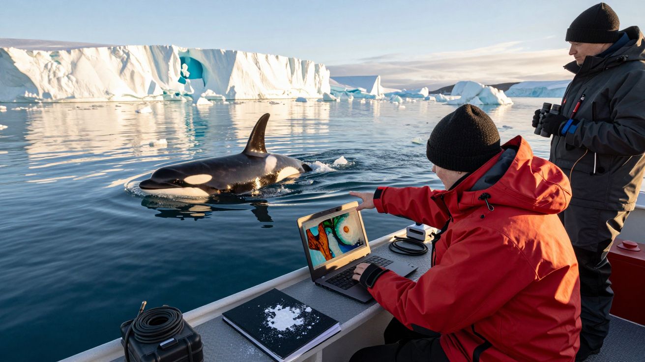 Forscher auf einem Boot beobachten einen Orca im Wasser vor einer Eislandschaft, während einer am Laptop arbeitet.